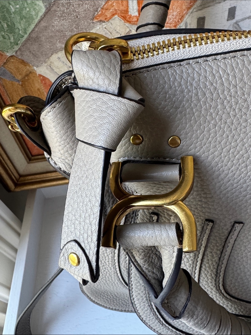 Neutral Taupe Gray Shoulder Bag with Gold Hardware - Picture 7 of 12